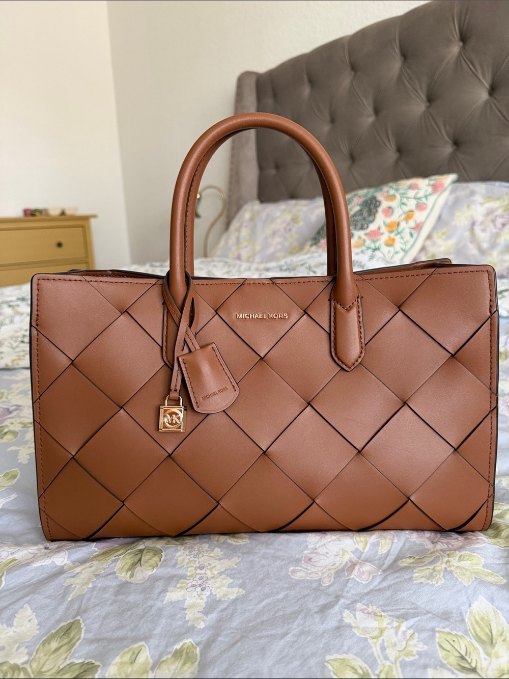 Michael Kors Scarlett Cognac Woven Leather Satchel
